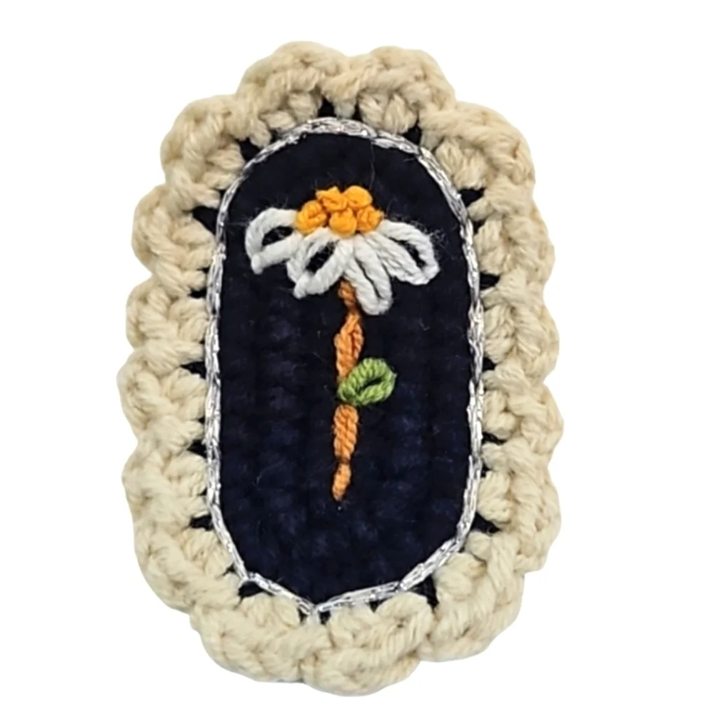 Hand Crafted Hand Knit Crochet Hair Clip Handmade Navy Blue  embroidered flower